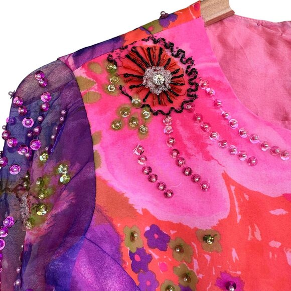 Miss Elliette California Hand-Beaded Floral Crop Blouse Sheer Sleeves Vtg 60s - Picture 7 of 16